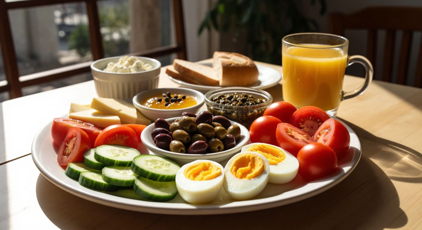 A sunlit wooden table in a Turkish home displays a colorful breakfast spread with boiled eggs, assorted cheeses, olives, fresh tomatoes, cucumbers, honey, walnuts, whole-grain bread, and a small bowl of yogurt, accompanied by a glass of freshly squeezed orange juice and a steaming cup of herbal tea.