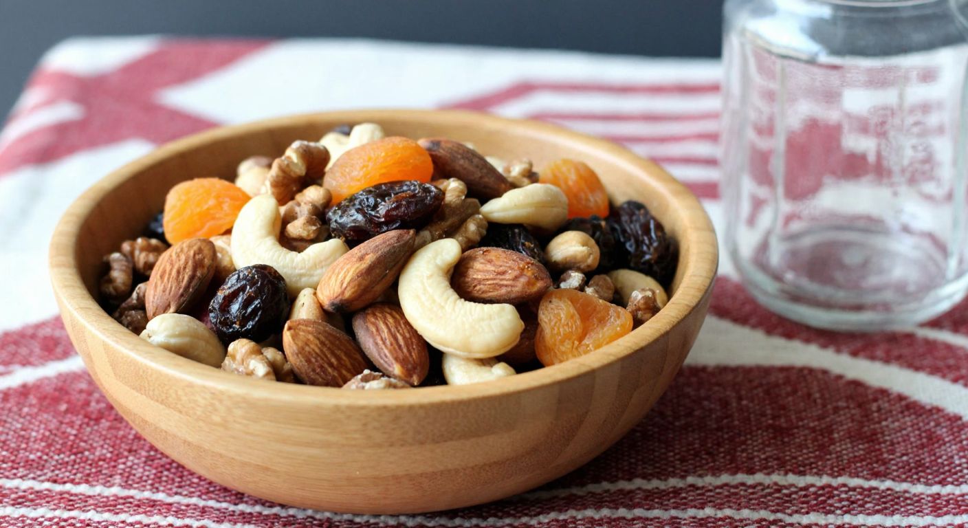 A wooden bowl filled with a colorful mix of almonds, walnuts, cashews, dried apricots, figs, and raisins, dusted lightly with cinnamon, resting on a rustic Turkish tablecloth with a glass jar nearby.