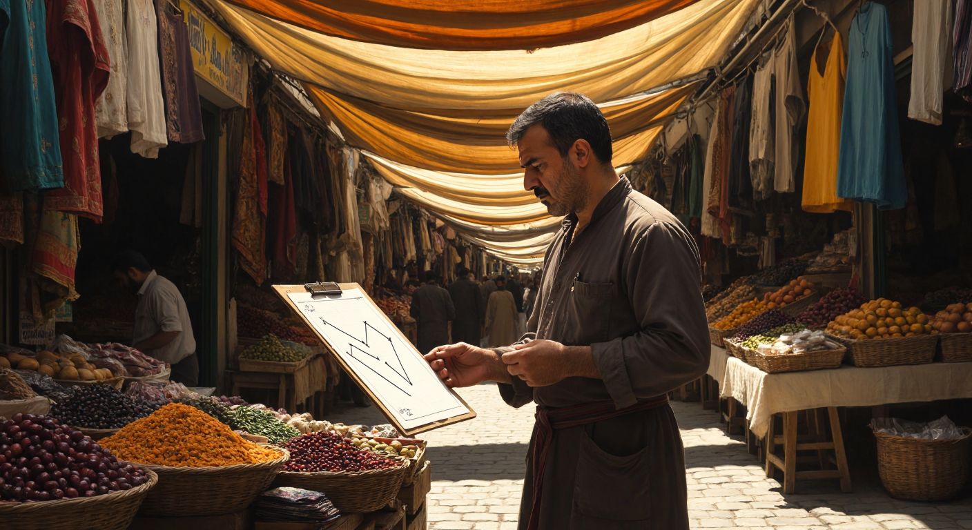 A Turkish trader in a bustling bazaar gazes intently at a hand-drawn chart showing two deep valleys forming a "W" shape, with a determined expression as sunlight filters through the market's fabric awnings.