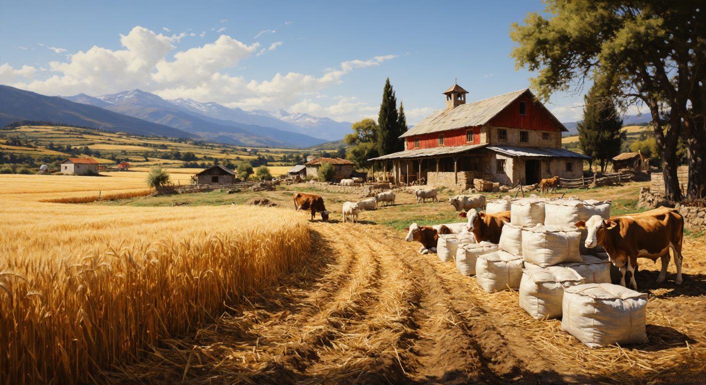 A sunlit Turkish farm with golden wheat fields, a red barn in the background, and sacks of animal feed stacked neatly beside grazing cows and sheep.
