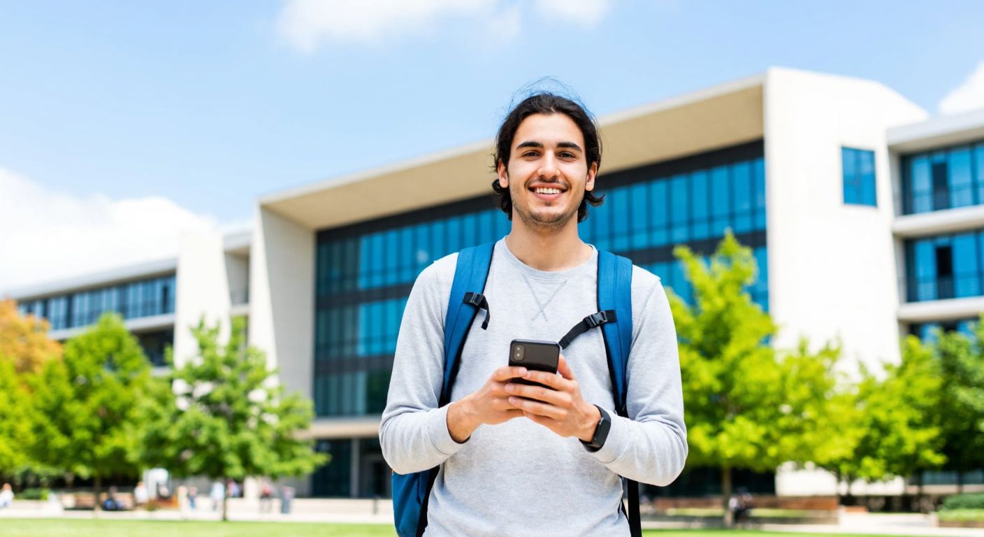 A young Turkish student with a backpack stands confidently in front of a modern university building, holding a smartphone while smiling, with a clear blue sky and green trees in the background.