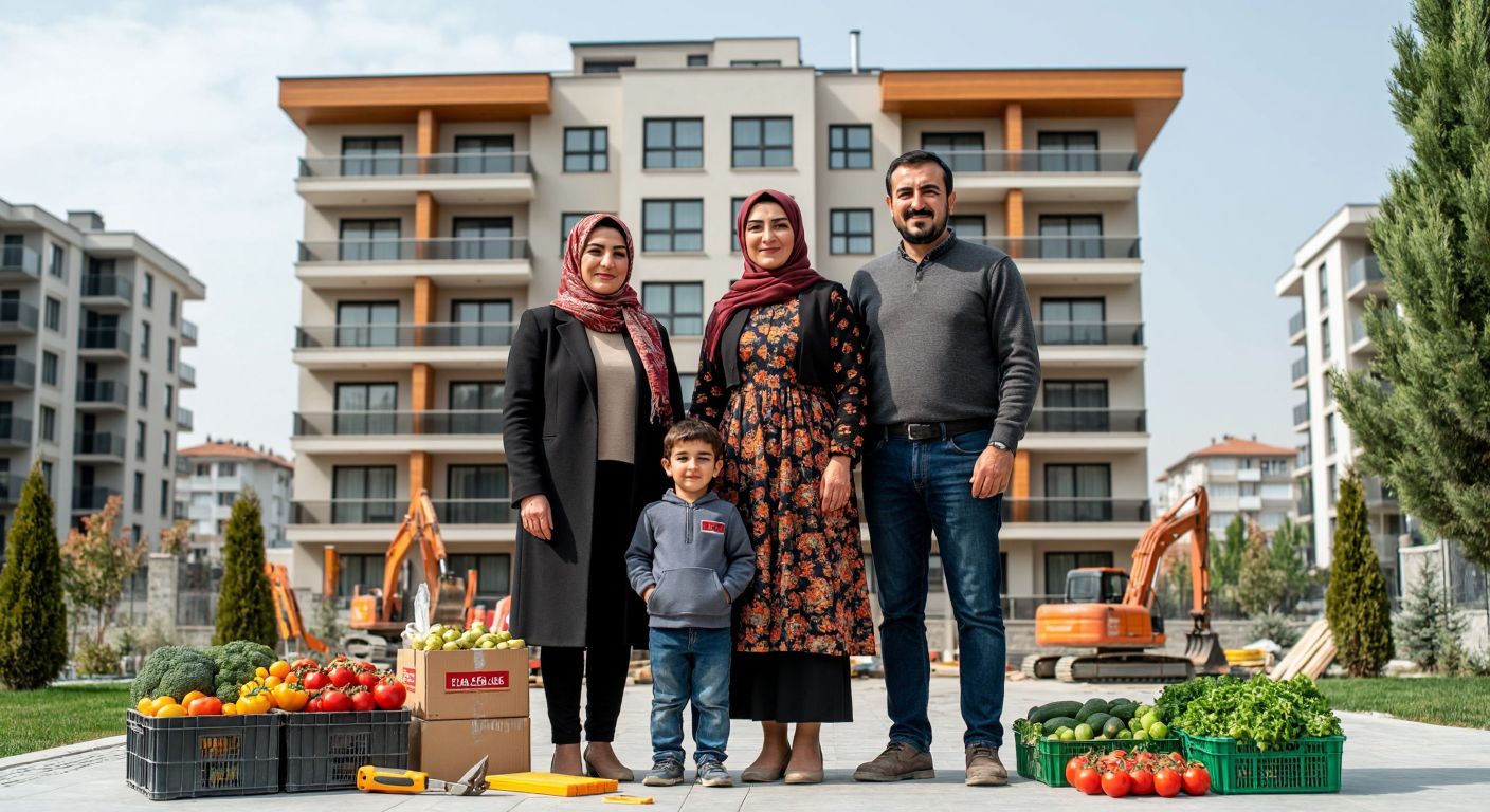 A traditional Turkish family standing proudly in front of a modern Ankara apartment building, with construction tools and fresh produce nearby, symbolizing their dual business in real estate and food trade.
