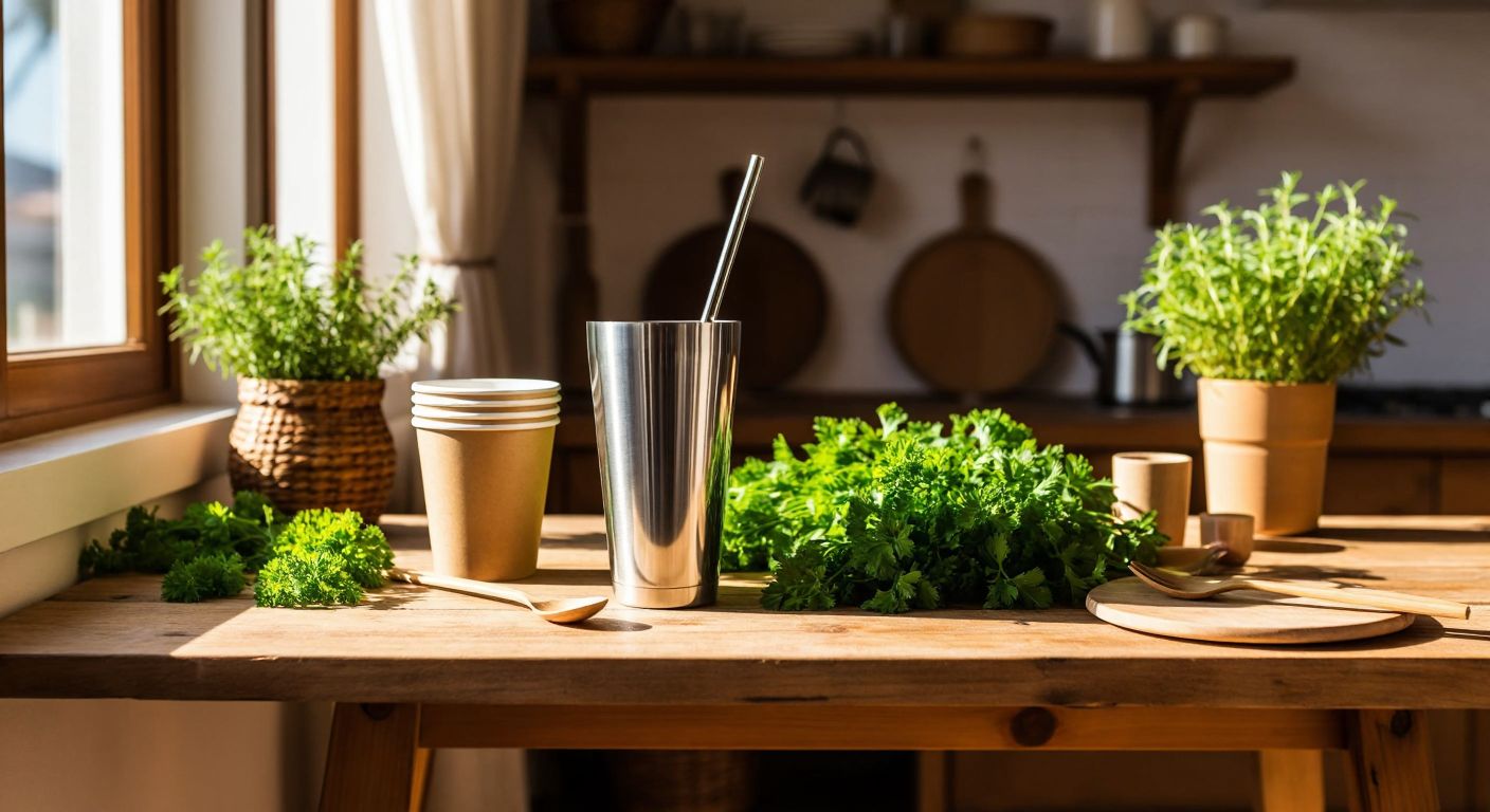 A rustic wooden table in a sunlit Turkish kitchen holds a reusable stainless steel cup, a bamboo straw, a stack of paper cups, and a set of wooden cutlery, surrounded by fresh herbs and a woven basket.