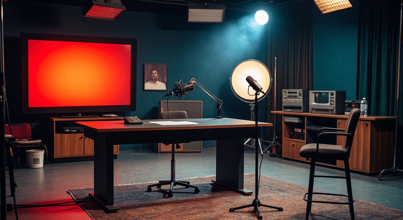 A dimly lit television studio in Turkey with an empty broadcast desk, a silent microphone, and a disconnected satellite dish in the background, conveying a sense of abrupt closure.