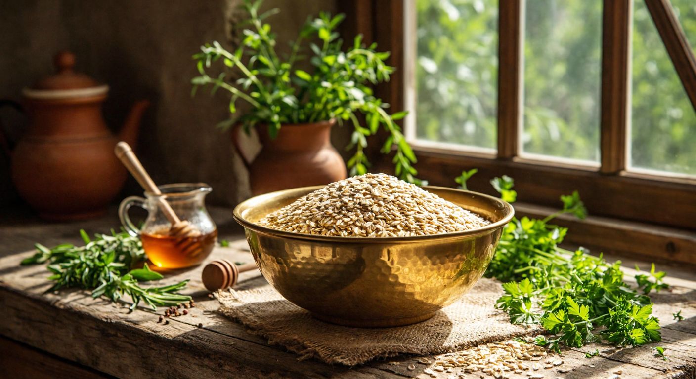 A golden bowl of pure oat grains sits on a rustic wooden table in a sunlit Turkish kitchen, surrounded by fresh herbs and a small pitcher of honey.