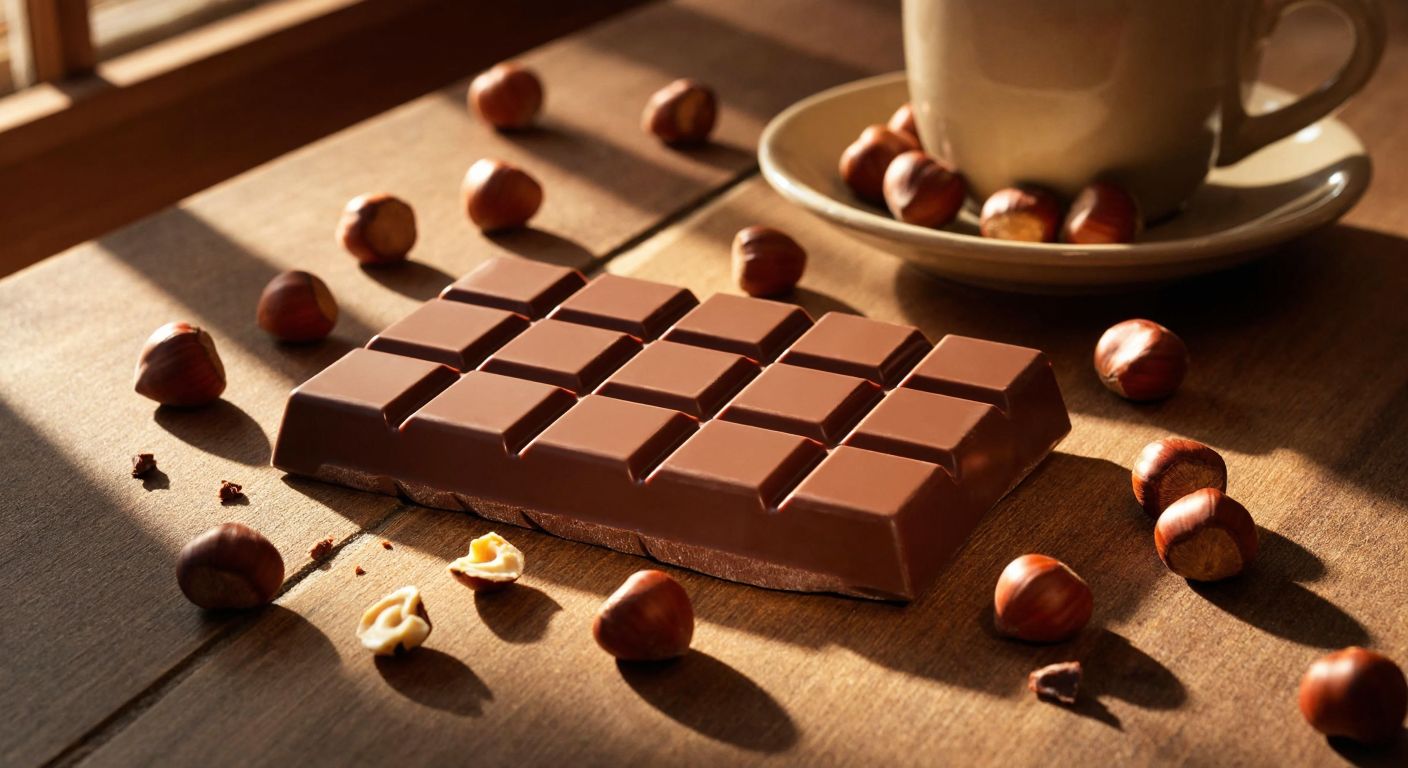A glossy, unwrapped **Schogetten** chocolate bar with a rich brown hue, resting on a wooden table in a cozy German café, surrounded by scattered hazelnut pieces and a warm, golden light casting soft shadows.