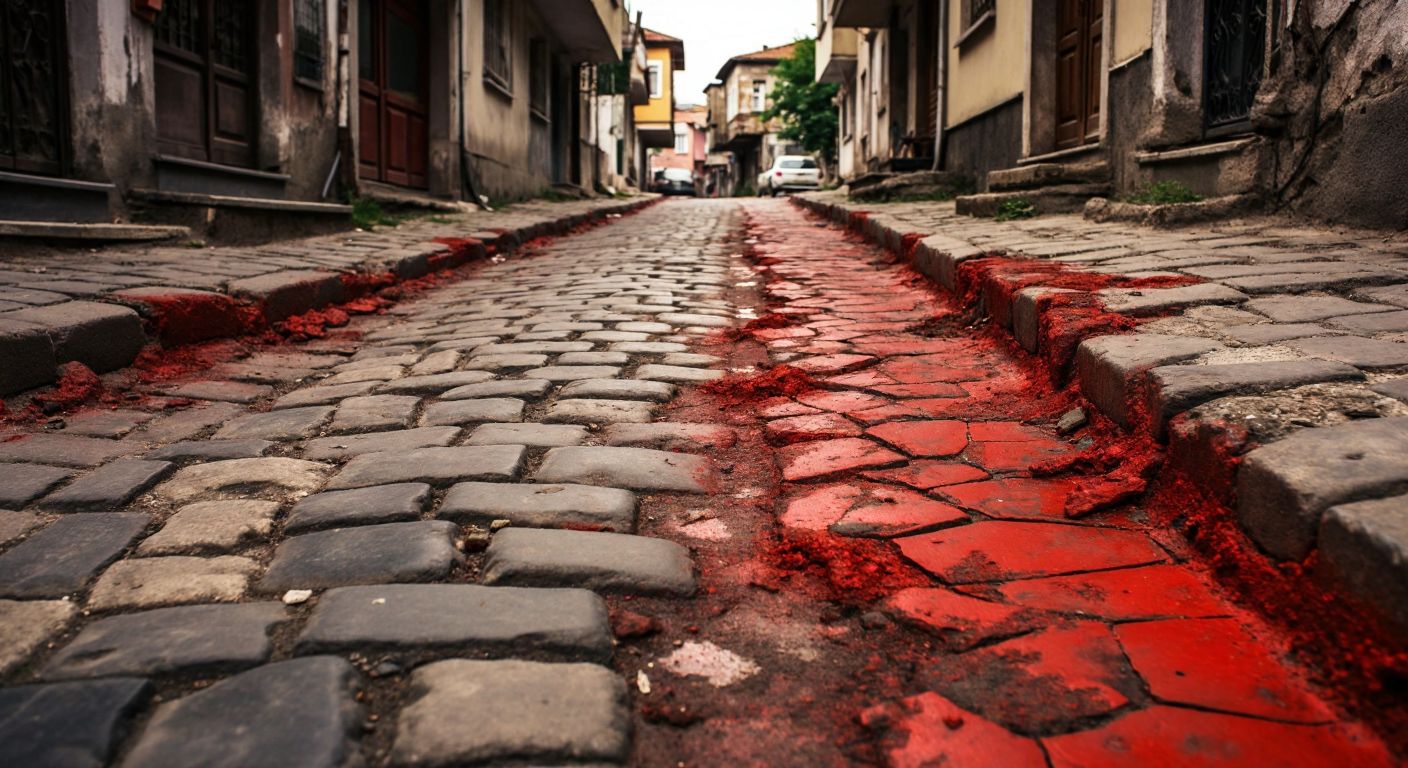 A weathered cobblestone path in a Turkish neighborhood, with vibrant red and brown paint still clinging to the stones despite years of foot traffic.