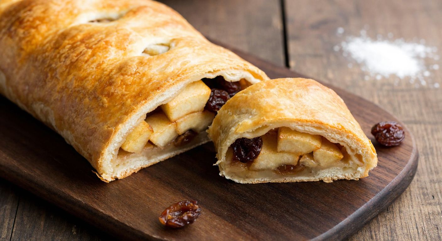 A golden-brown strudel pastry, freshly baked and sliced open, revealing a warm filling of thinly sliced apples, sprinkled with cinnamon and dotted with plump raisins, resting on a rustic wooden table with a dusting of powdered sugar nearby.