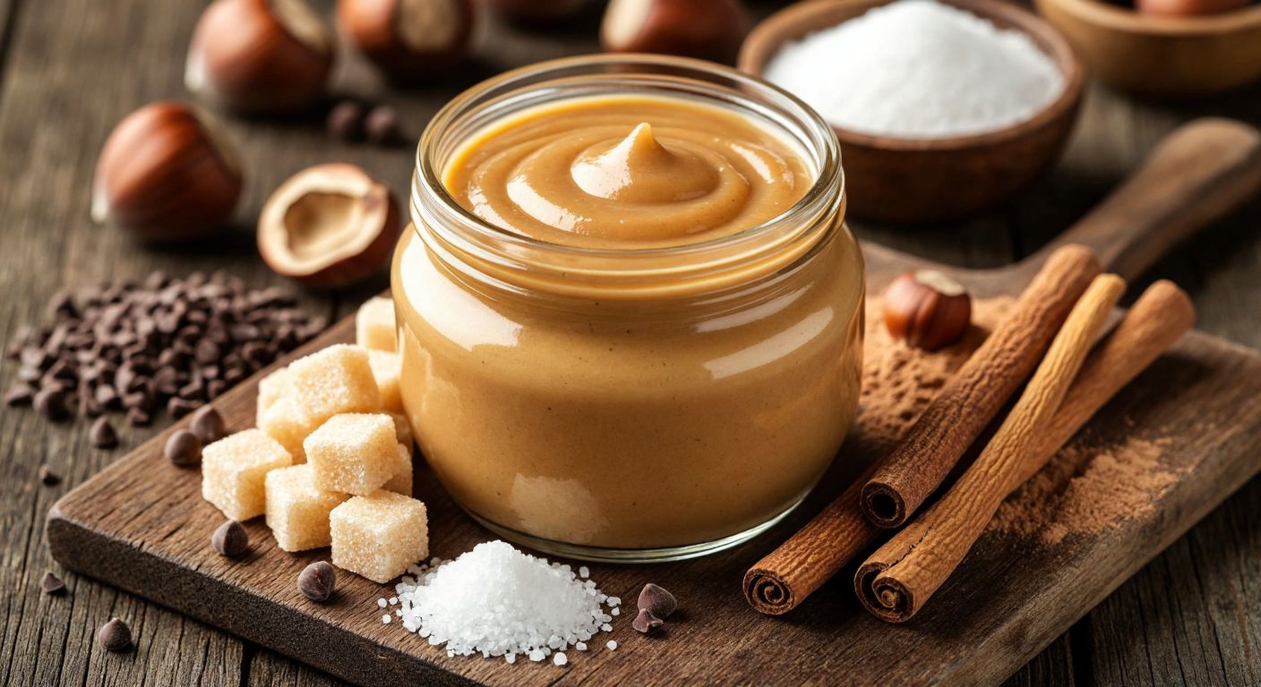 A smooth, golden-brown Lotus cream spread in a glass jar, surrounded by scattered ingredients like sugar cubes, palm oil droplets, powdered milk, hazelnuts, cocoa powder, and vanilla pods on a rustic wooden table in a Turkish kitchen.