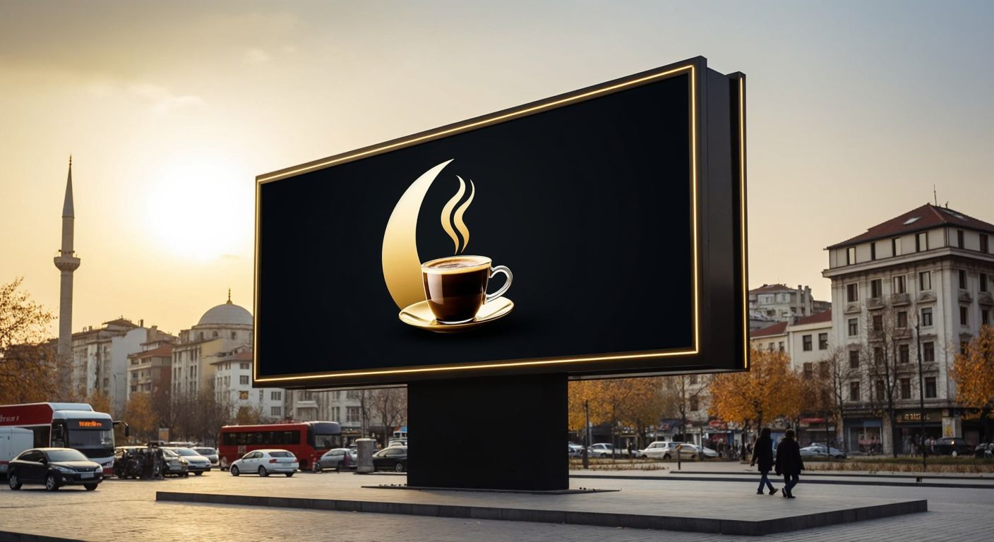 A sleek billboard in Istanbul’s Taksim Square displays a minimalist image of a steaming cup of Turkish coffee beside a golden crescent-shaped logo, evoking luxury and tradition without visible text.