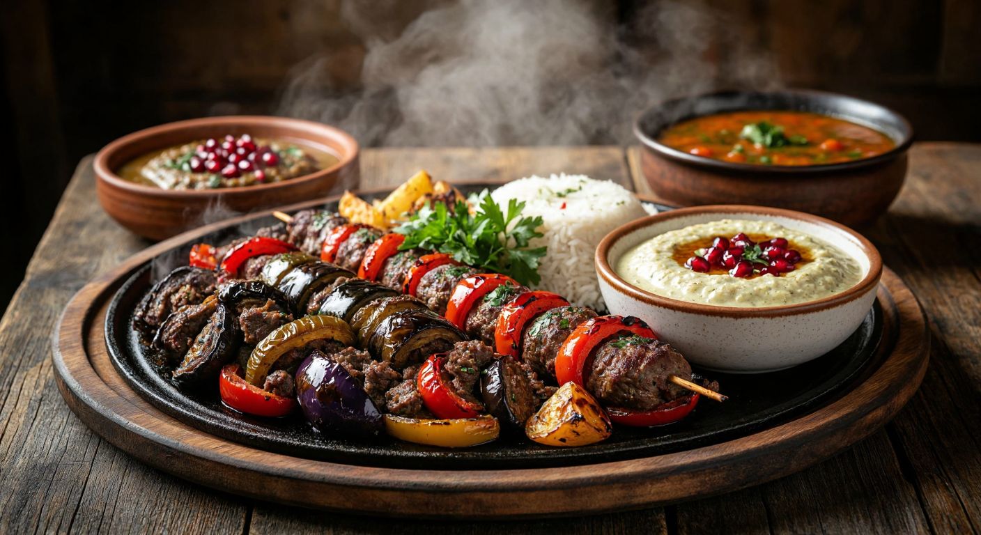 A steaming plate of Kilis Tava with tender lamb and colorful vegetables, a sizzling Kilis Kebab with eggplant and peppers drizzled with pomegranate molasses, a bowl of creamy Lebenive soup, and a fragrant mound of Firik Pilav, all arranged on a rustic wooden table under warm golden light.