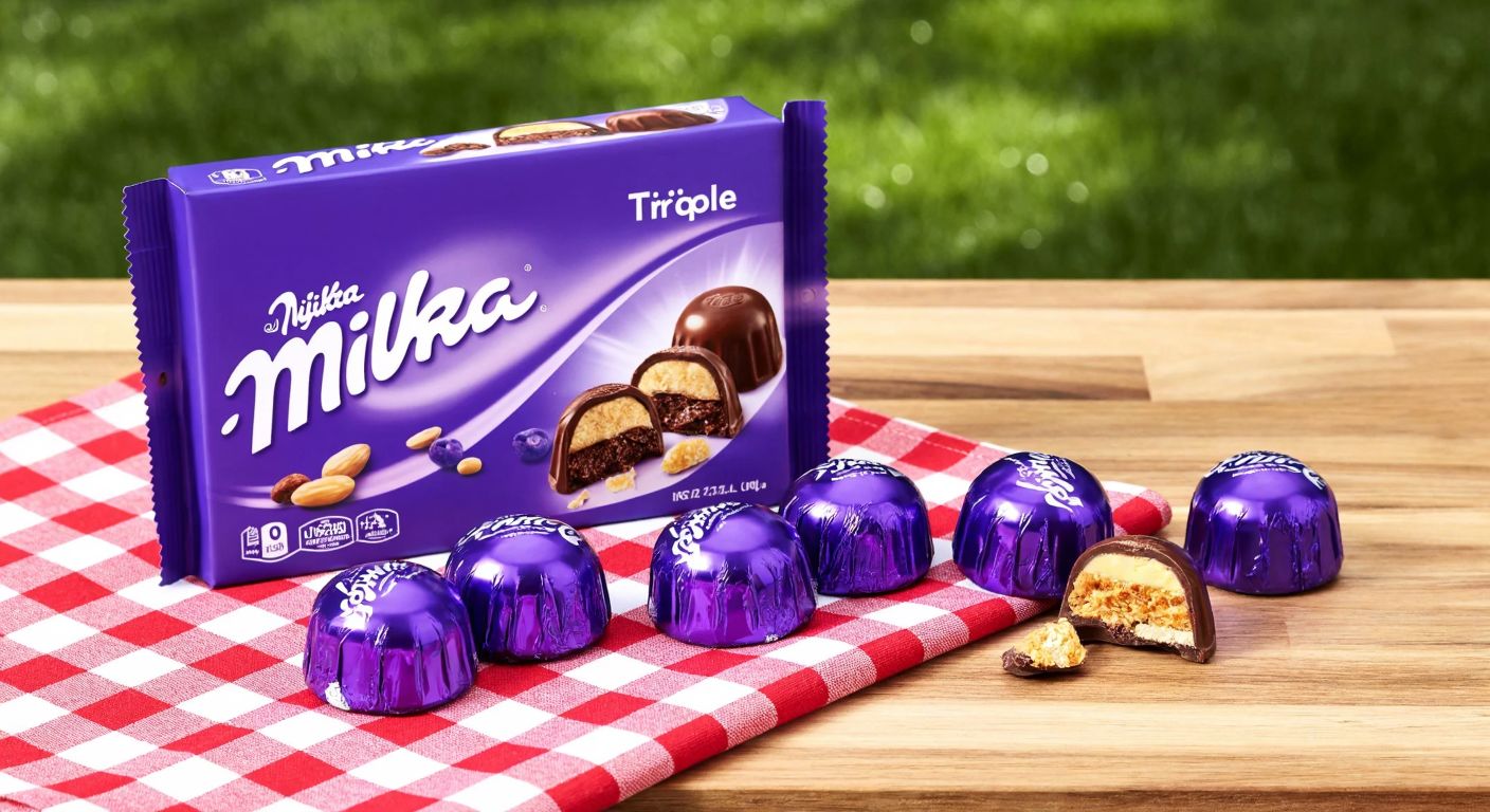 A colorful display of a Milka chocolate triple pack on a wooden table, with six individually wrapped purple-wrapped chocolates spilling out onto a checkered picnic cloth.