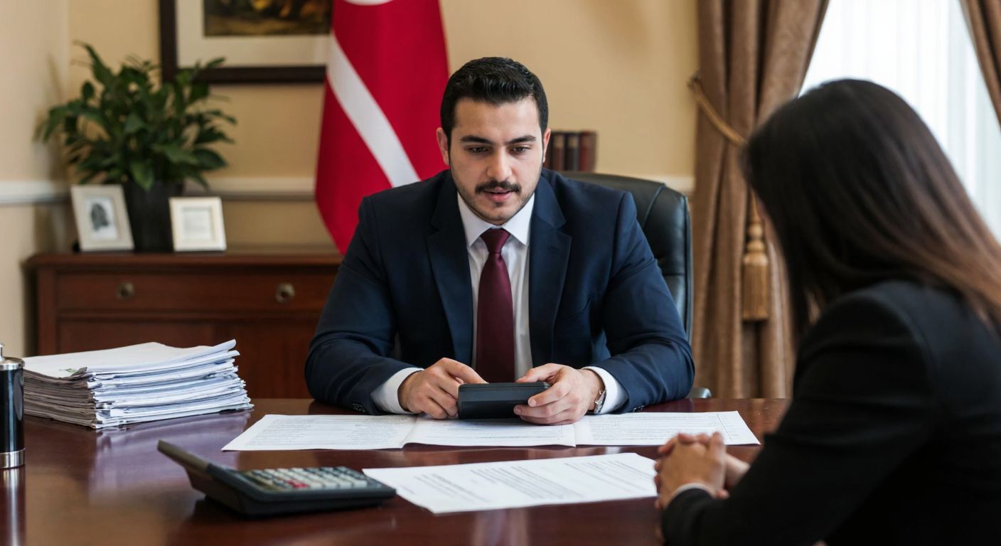 A Turkish accountant in a formal office setting, carefully reviewing a document with a calculator and a stack of papers, while a client listens attentively across the desk.