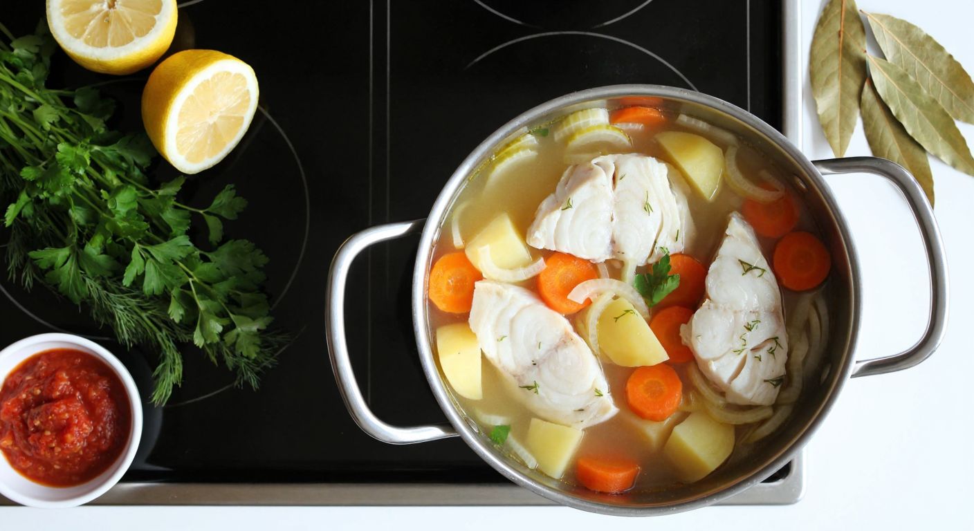 A steaming pot of fish soup on a stove, filled with white fish pieces, chopped onions, carrots, potatoes, and celery, garnished with fresh parsley and dill, surrounded by lemons, bay leaves, and a small bowl of tomato paste.