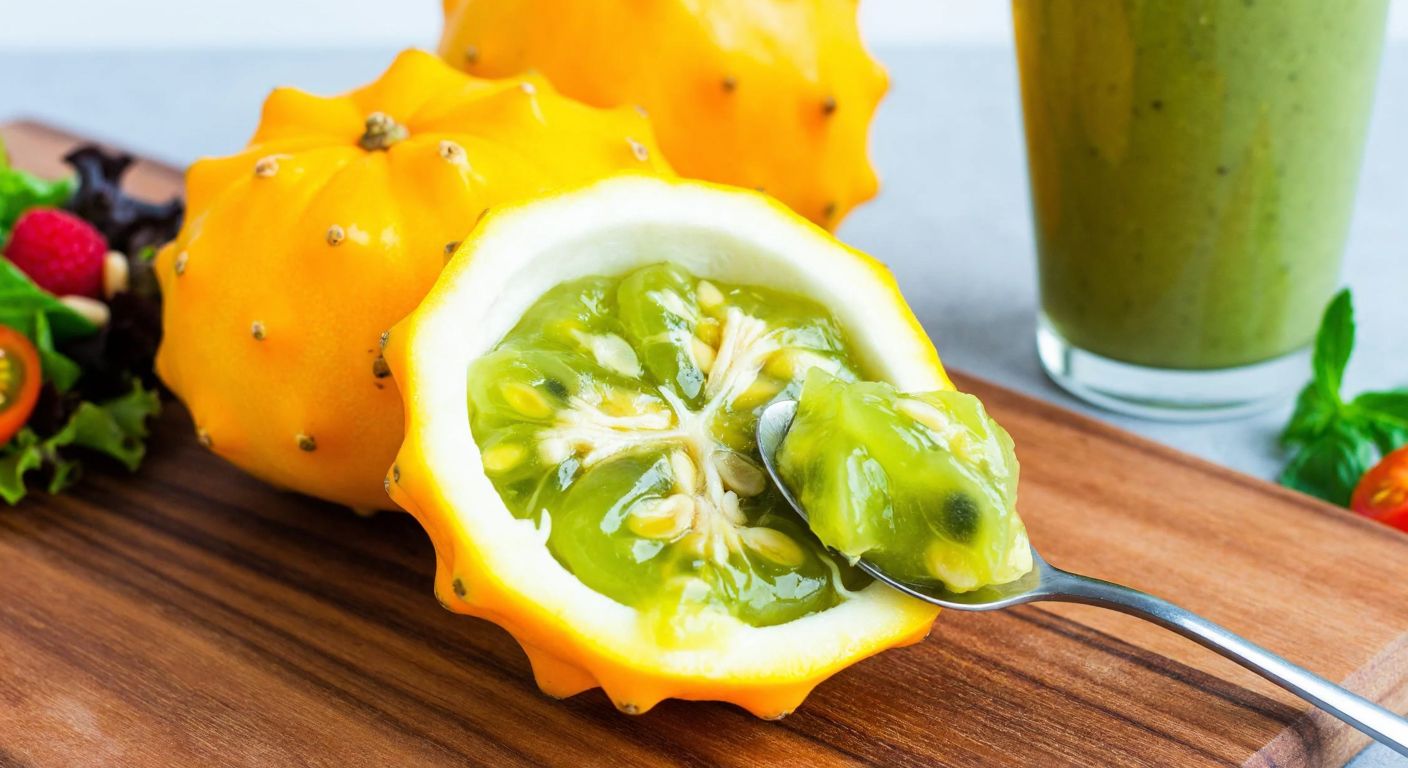 A vibrant yellow-orange kiwano fruit sliced open on a wooden cutting board, with its green jelly-like flesh scooped onto a spoon next to a colorful salad and a glass of smoothie, evoking freshness and exotic flavors.