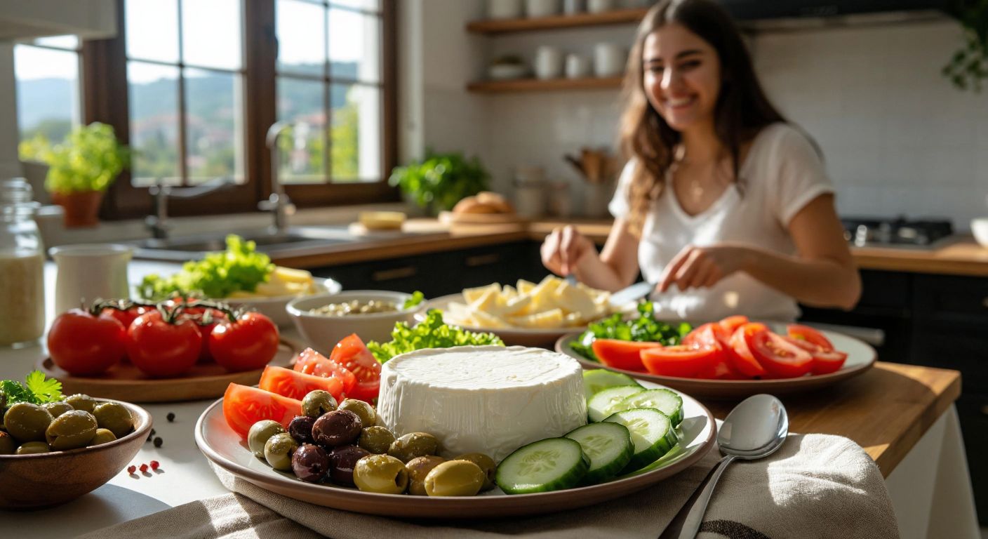 A Turkish breakfast table with a small plate of creamy white Bahçıvan probiotic strained cheese, fresh tomatoes, cucumbers, and olives, set against a backdrop of a sunny kitchen with a smiling person happily preparing their healthy meal.
