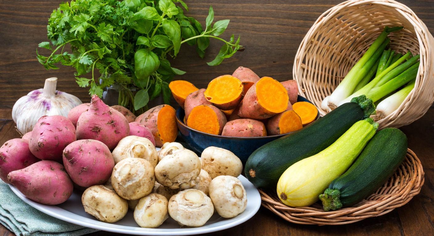 A rustic wooden table in a Turkish kitchen displays a vibrant assortment of sweet potatoes, Jerusalem artichokes, zucchini, cauliflower, and lentils, arranged neatly beside a woven basket of fresh herbs.