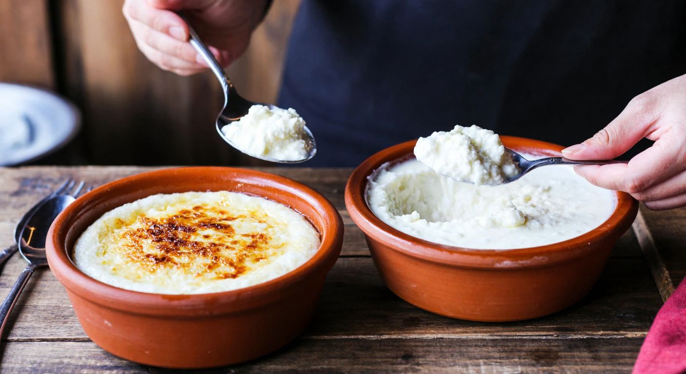 A rustic wooden table in a Turkish kitchen holds two clay bowls—one filled with creamy, golden-topped kaymaklı yoğurt, the other with thick, velvety tava yoğurt, while a hand reaches to scoop a spoonful from each.