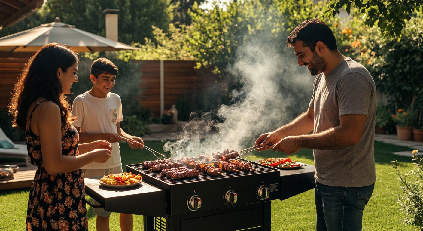 A Turkish family gathers around a glowing propane grill in a sunny backyard, with skewered meats sizzling and the aroma of spices filling the air, while a man adjusts the flame with a smile.