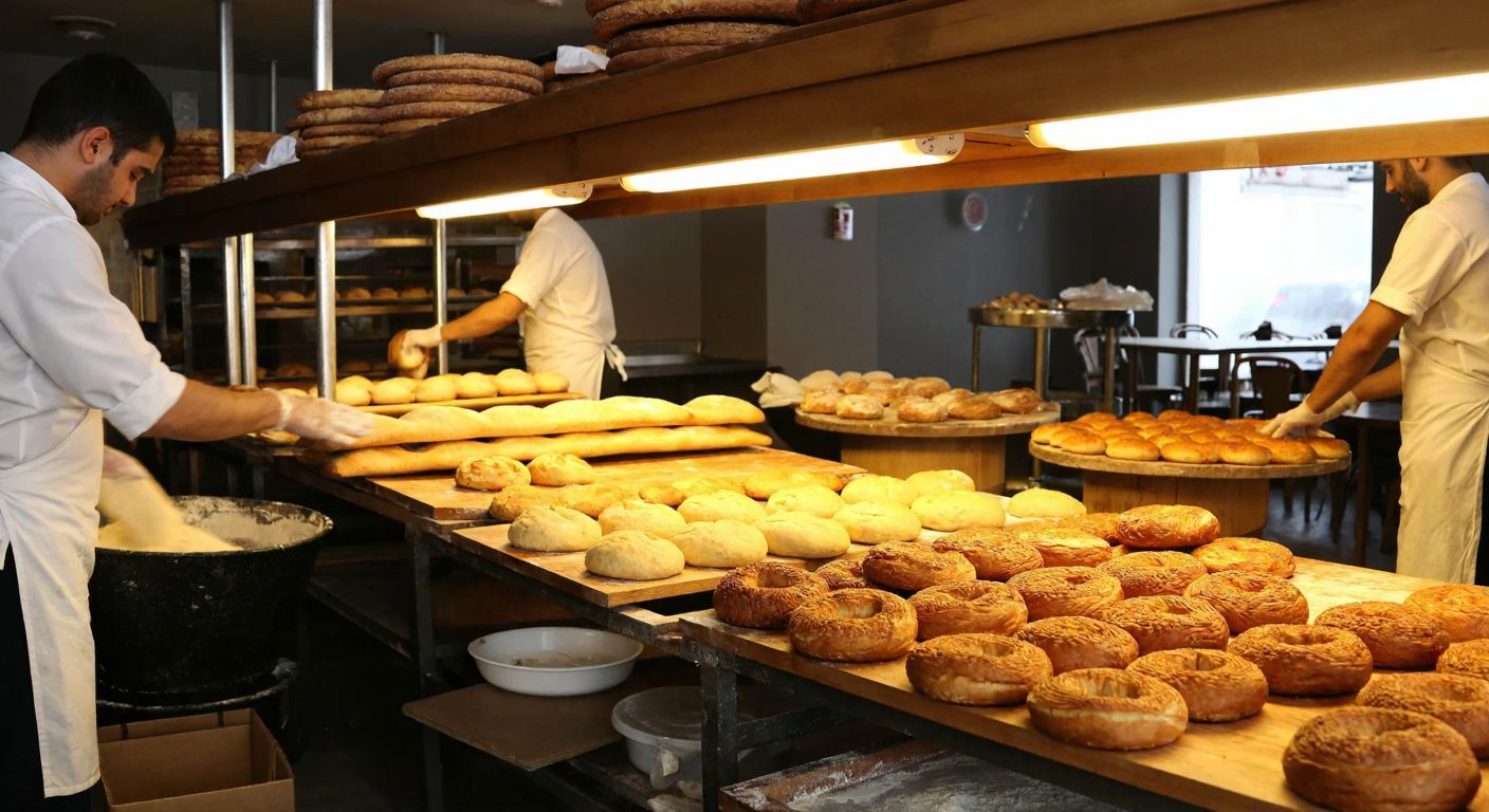 A bustling Turkish bakery with workers in white aprons kneading dough, golden loaves of bread cooling on wooden racks, and trays of fresh pastries like simit and börek under warm lighting.