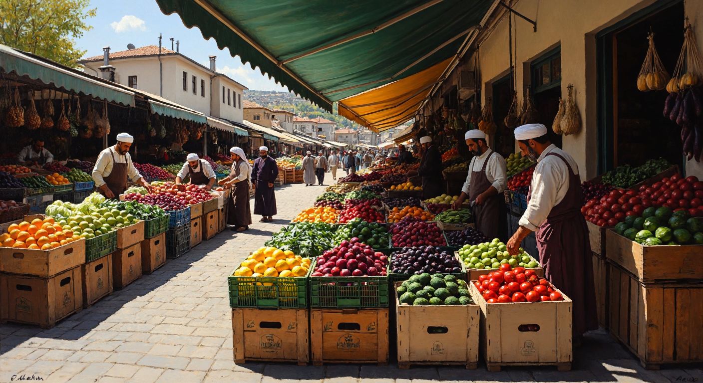 A bustling Turkish marketplace with vibrant crates of fresh fruits and vegetables, surrounded by farmers and merchants in traditional attire, exchanging goods under a sunlit canopy.