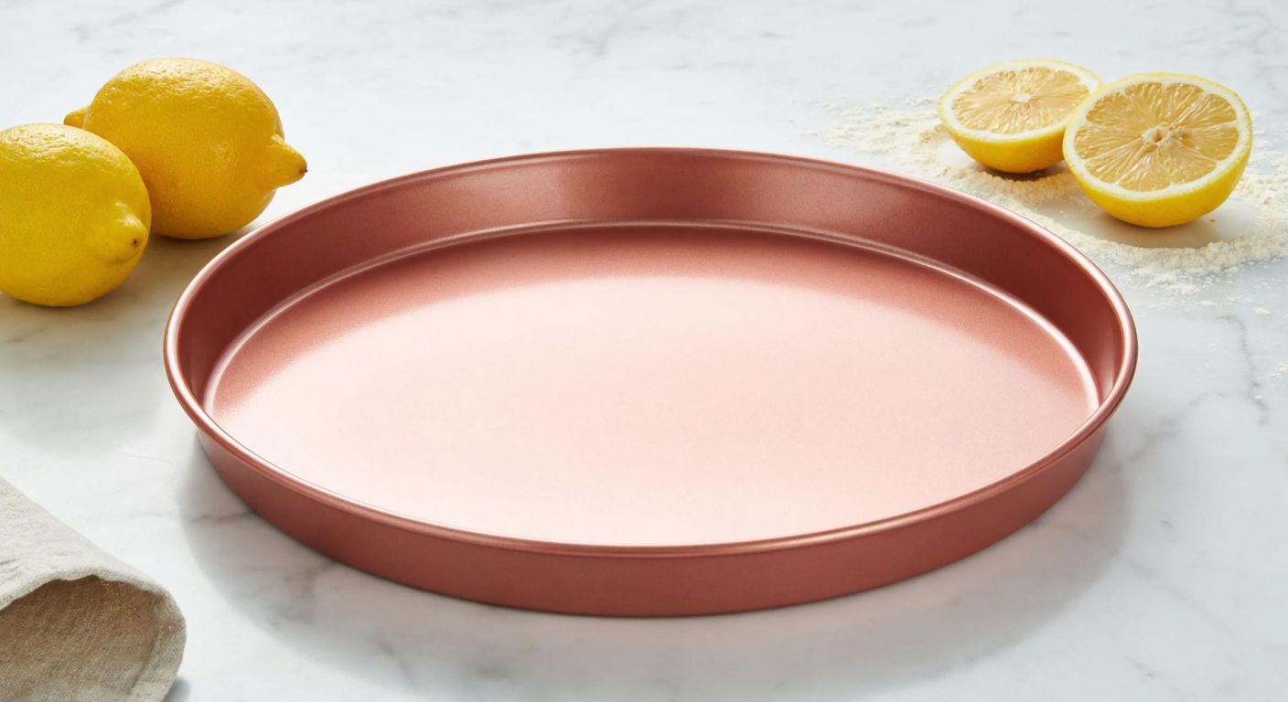 A shiny golden-pink tart mold with a smooth, non-stick surface placed on a marble countertop, surrounded by fresh lemons and flour dust.
