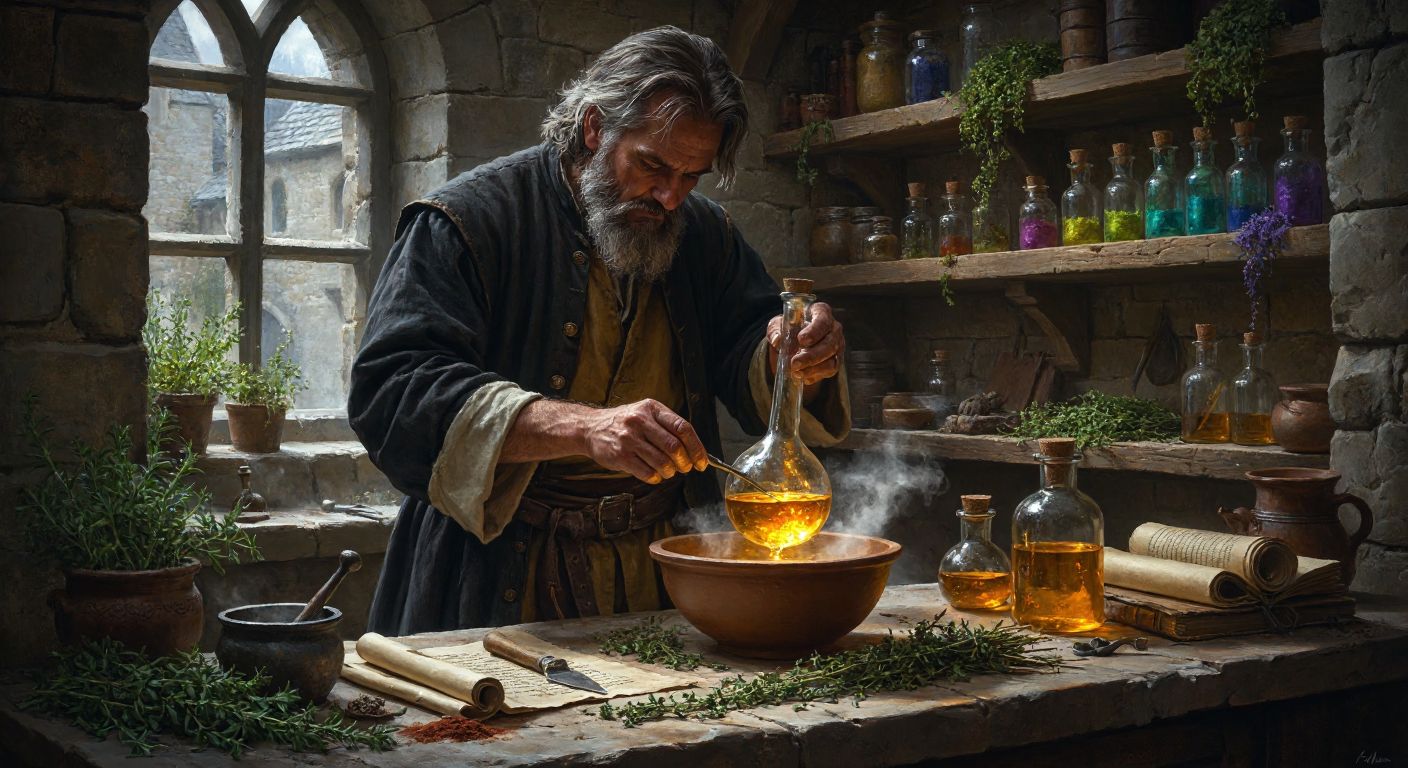 An ancient alchemist in a dimly lit stone workshop carefully pours a glowing liquid from a glass flask into a ceramic bowl, surrounded by scattered herbs, metal tools, and dusty scrolls, with shelves holding colorful powders and mysterious vials in the background.