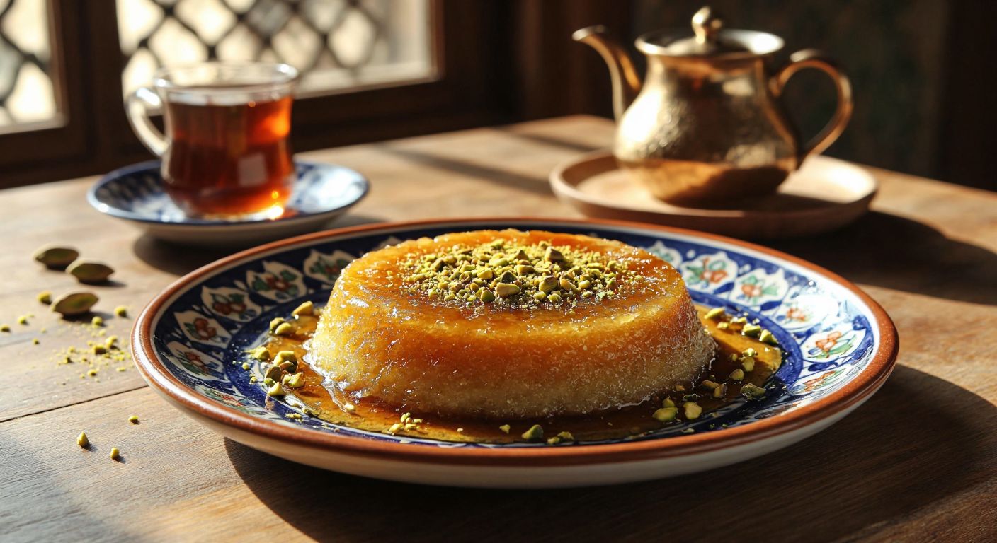 A golden, syrup-drenched **billuriye** dessert on a traditional Turkish ceramic plate, placed on a wooden table in a sunlit **Gaziantep** kitchen, with pistachio crumbs scattered around and a steaming cup of Turkish tea nearby.