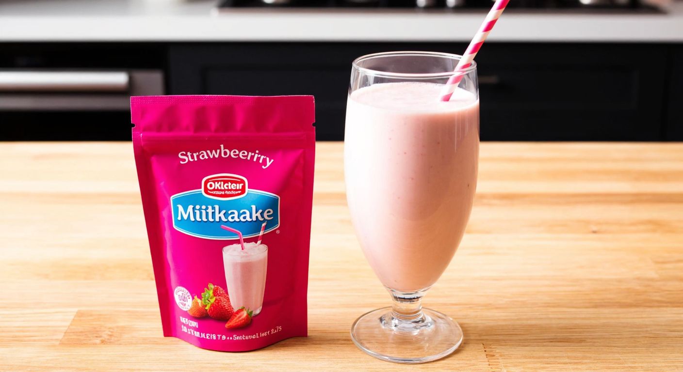A small pink packet of Dr. Oetker strawberry milkshake powder rests on a wooden kitchen counter beside a glass of creamy pink milkshake with a straw, evoking a sweet and refreshing vibe.