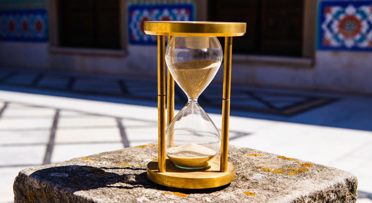 A golden hourglass with three distinct layers of sand, resting on a weathered stone pedestal in a sunlit courtyard with traditional Turkish mosaic tiles.
