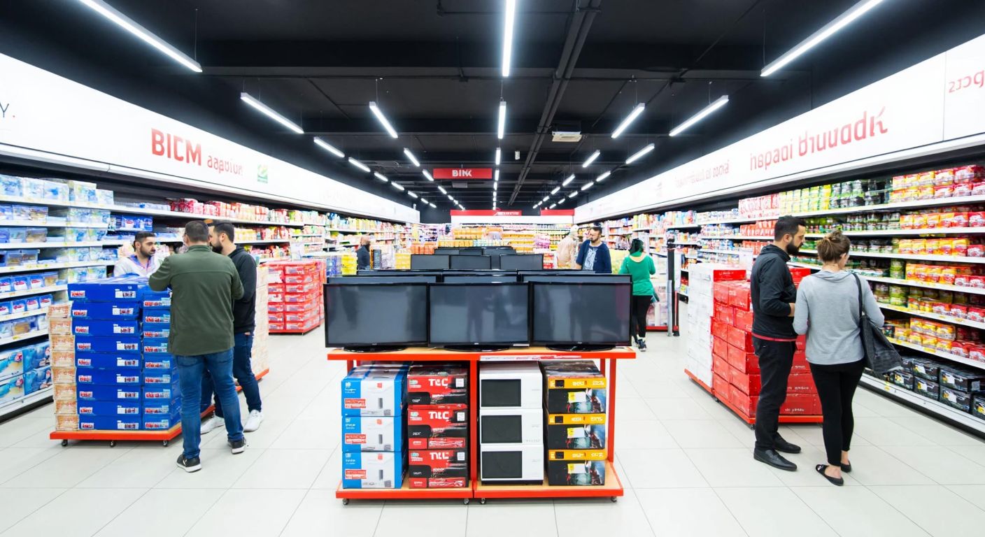 A brightly lit BİM supermarket aisle in Turkey, with neatly stacked TCL televisions on display, surrounded by shoppers in casual attire examining the products with curiosity.