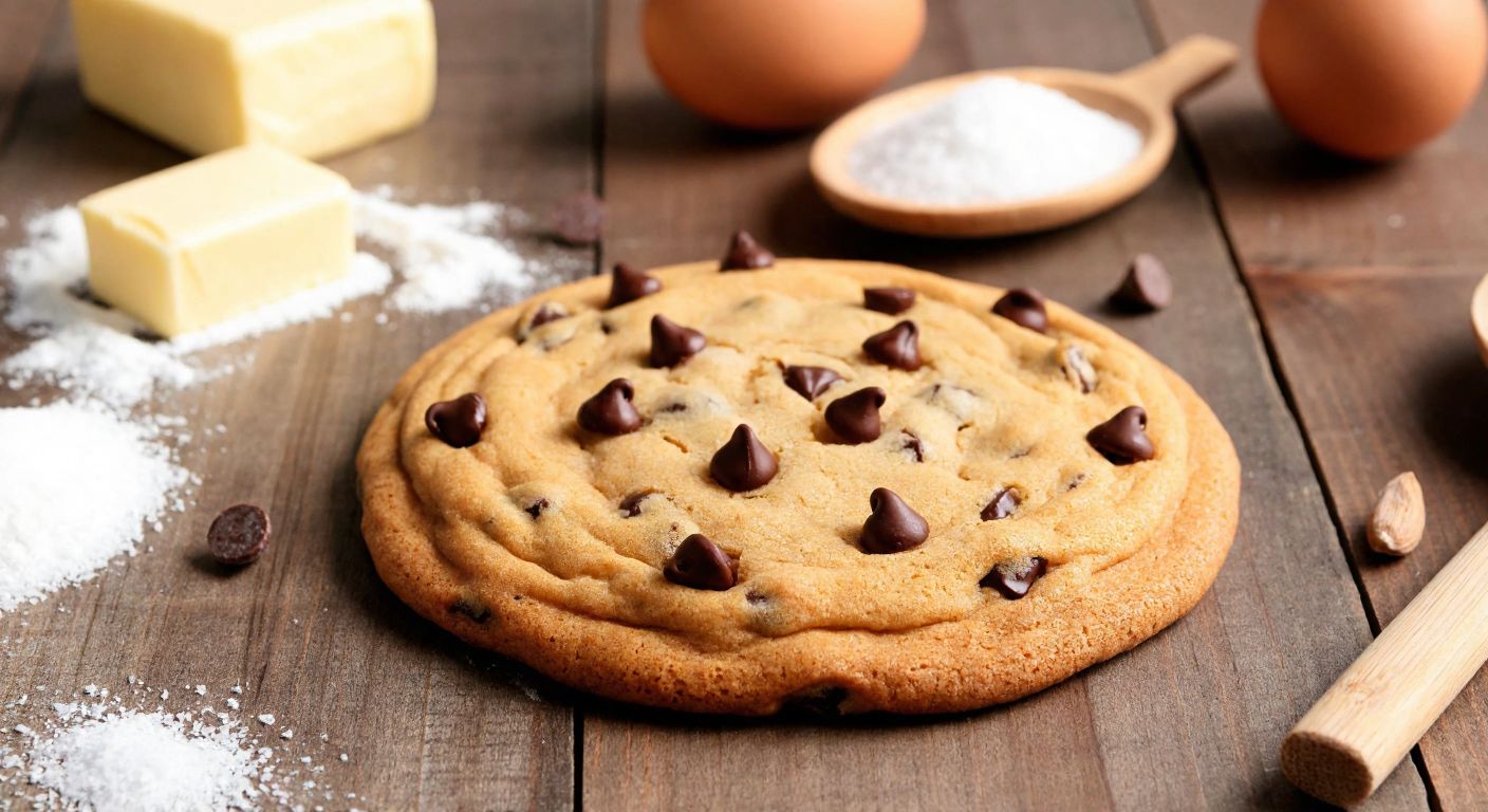 A warm, golden-brown American cookie with melty chocolate chips sits on a rustic wooden table, surrounded by scattered ingredients like butter, sugar, eggs, and flour, evoking a cozy baking scene.