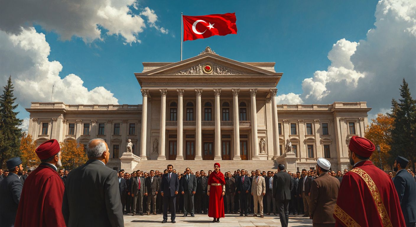 A grand, neoclassical building with the Turkish flag flying high, surrounded by Turkish citizens of diverse ages and professions, all looking proudly at the structure, symbolizing national ownership and economic stability.