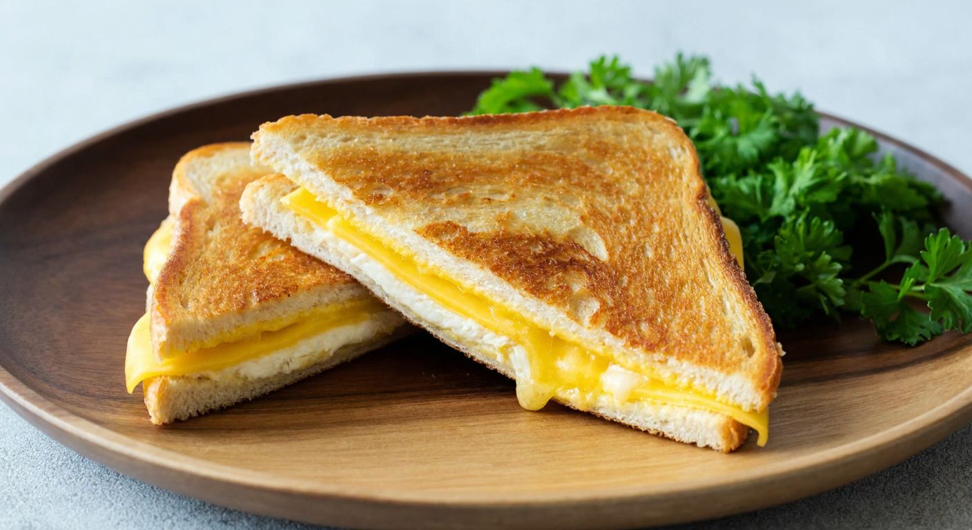A golden-brown toasted sandwich cut in half, oozing melted yellow cheese slices layered between crispy bread, placed on a rustic wooden plate with a side of fresh parsley.