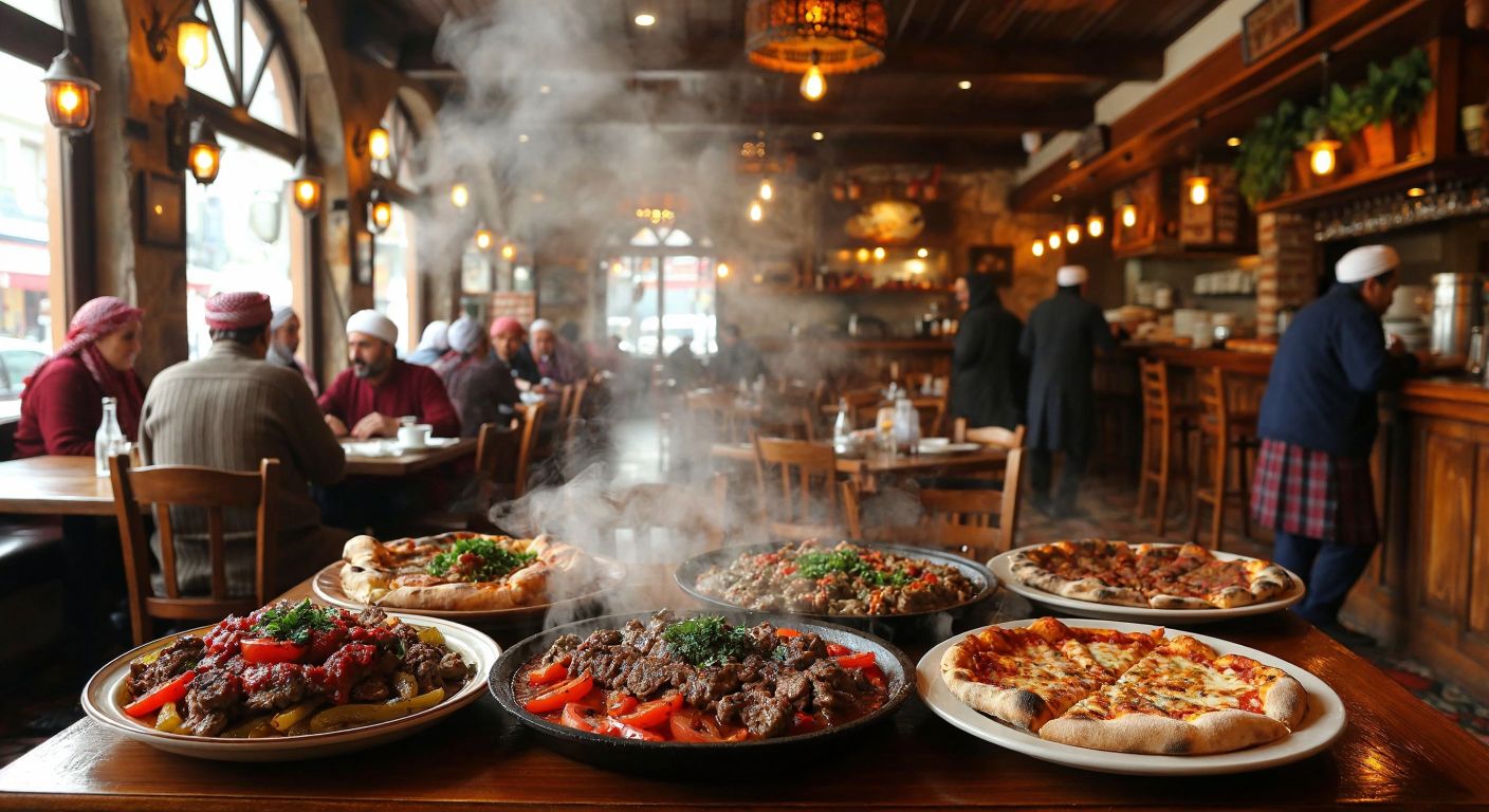 A bustling Turkish kebap restaurant with steaming plates of İskender kebap and fresh pide, surrounded by warmly lit wooden tables and cheerful patrons in traditional attire, evoking a cozy, nostalgic atmosphere.