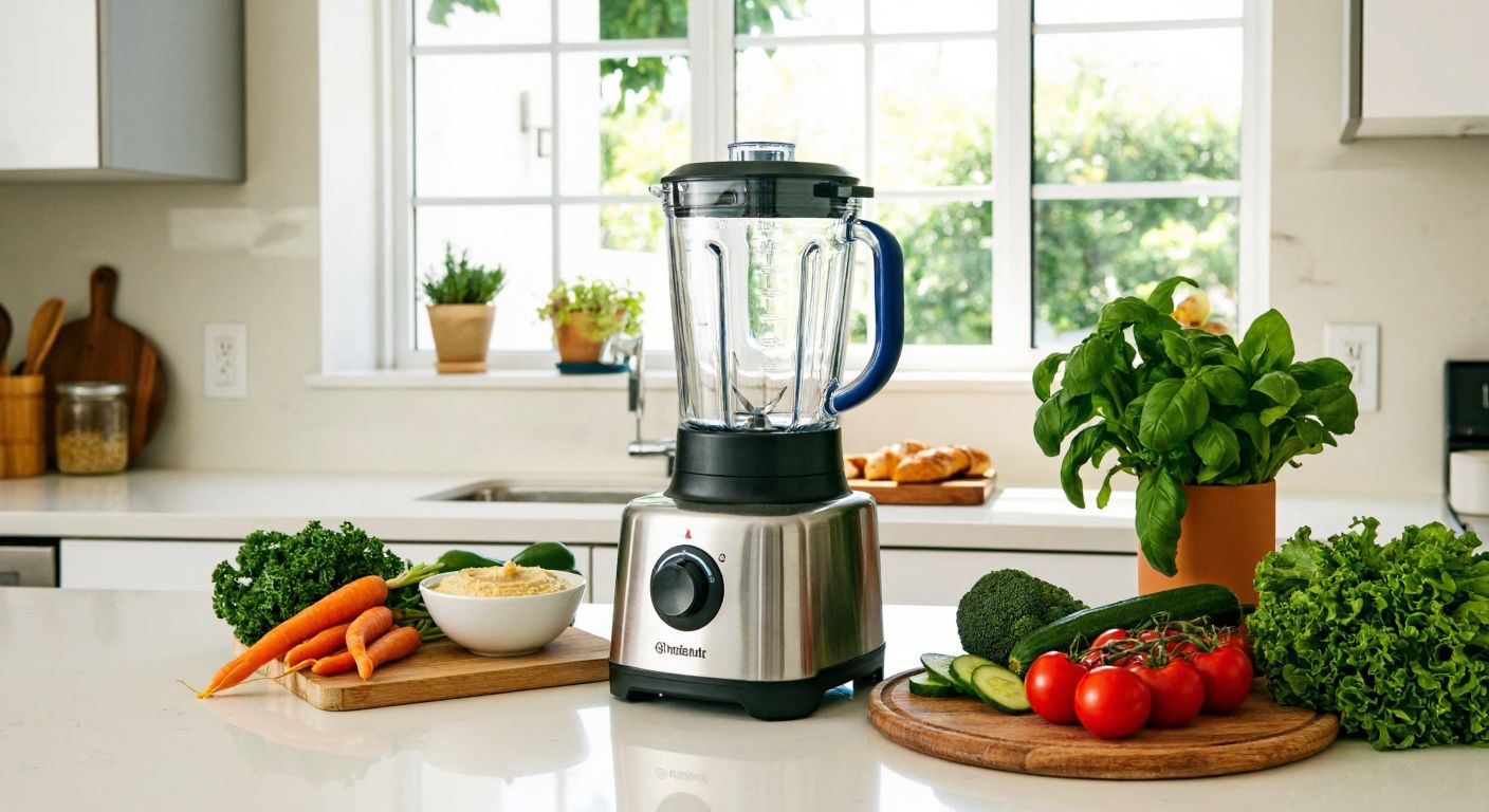 A sleek silver blender with a blue handle sits on a sunlit kitchen counter in a modern Turkish home, surrounded by fresh vegetables and a bowl of hummus.