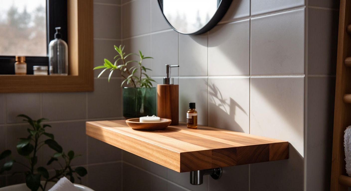 A warm wooden corner shelf with a smooth finish sits in a tiled bathroom, next to a sleek glass shelf reflecting soft light, while a polished metal shelf gleams against the wall, all surrounded by scattered tools like a drill and sandpaper.