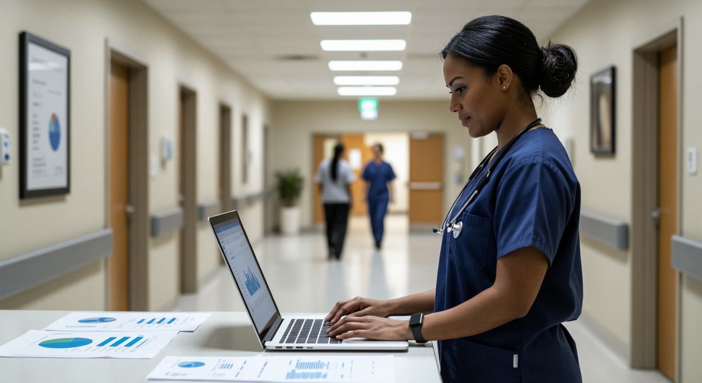 A professional in a sleek office setting reviews data charts on a laptop, while a nurse in scrubs stands in a hospital corridor, and a financial analyst compares cost-benefit graphs on a desk.  

(Note: The description avoids text, technology representations, and focuses on the three distinct roles implied by the response—ERP expert, nurse, and financial analyst—without specifying a cultural context since the query is neutral.)