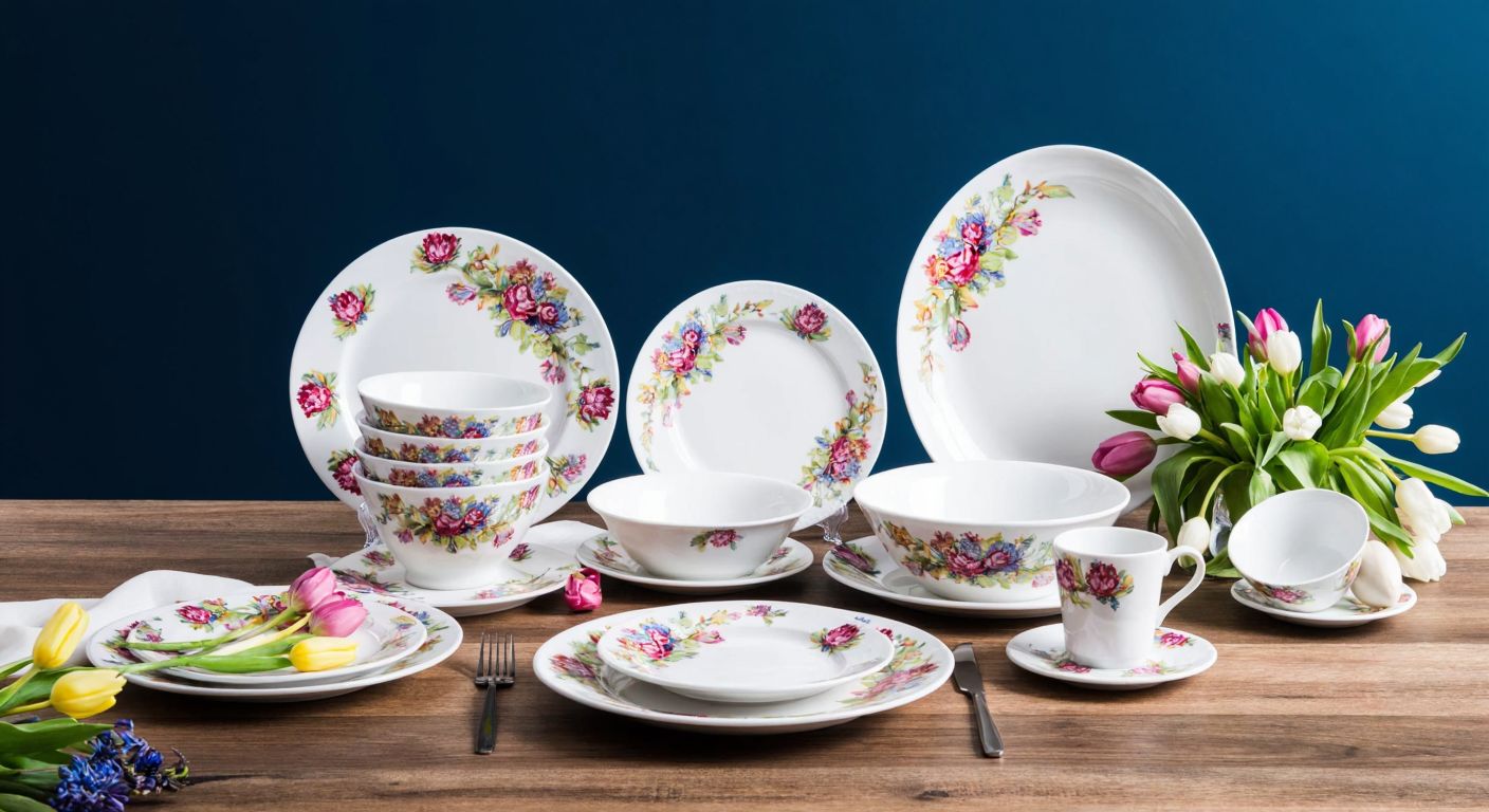 A beautifully arranged Turkish porcelain dining set with floral-patterned plates, bowls, and serving dishes on a wooden table, surrounded by fresh spring flowers.