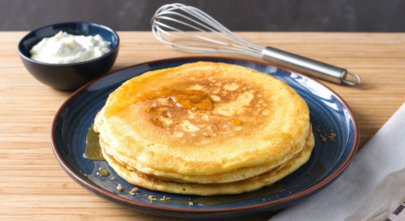 A golden-brown, fluffy crepe drizzled with honey on a rustic Turkish plate, with a small bowl of creamy yogurt and a whisk resting beside it on a wooden kitchen counter.