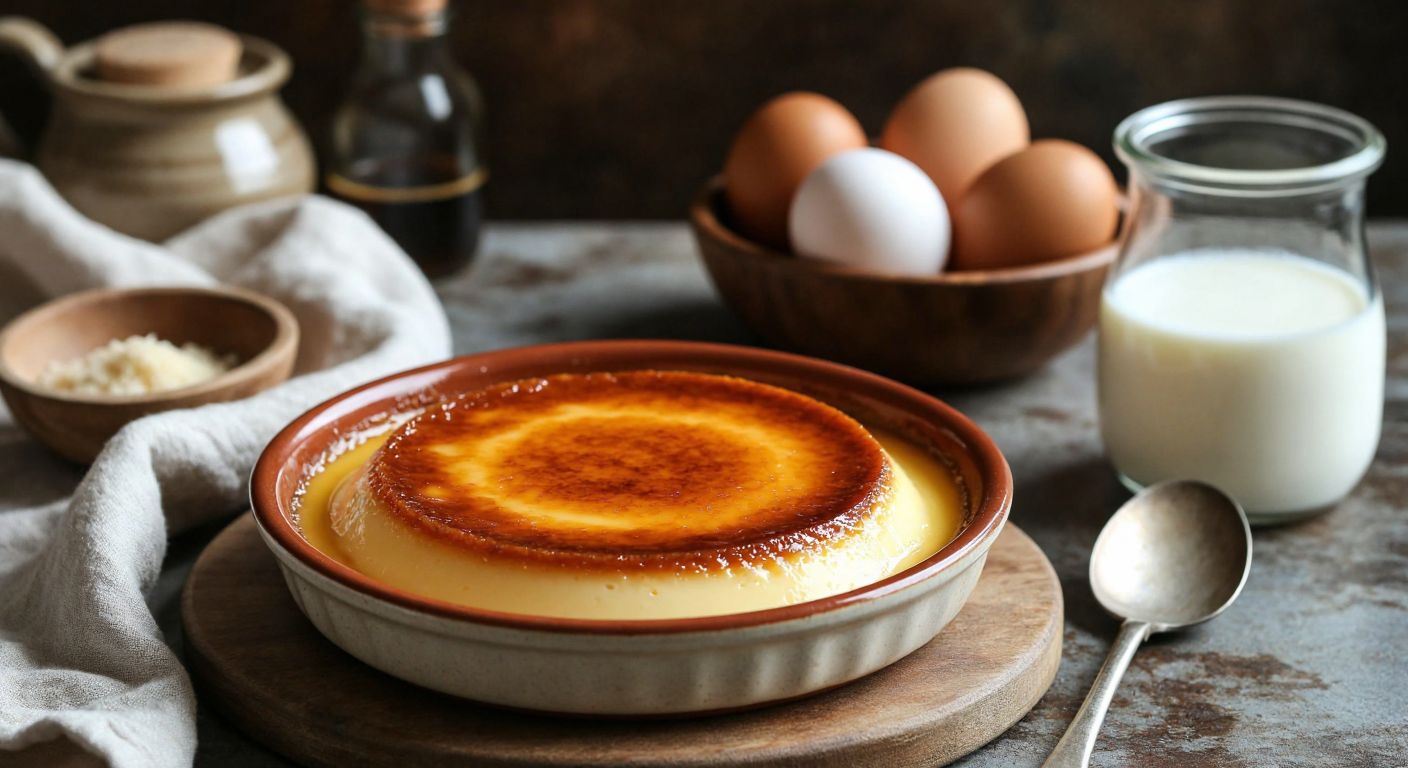 A warm, golden-brown crème caramel in a small ceramic dish, drizzled with rich cream, sitting on a rustic Turkish kitchen counter with a bowl of fresh eggs and a carton of milk nearby.