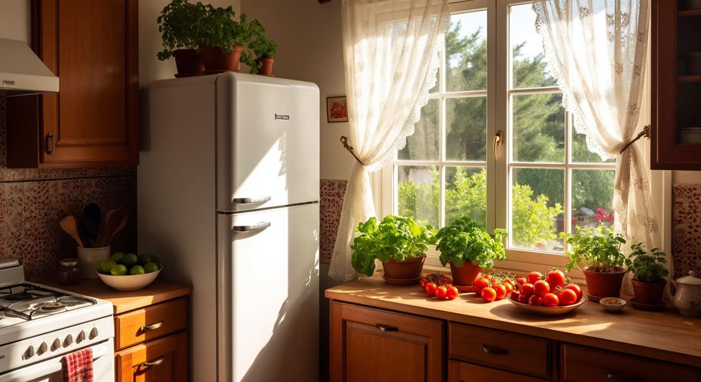 A gleaming white Hoover refrigerator stands in a cozy Turkish kitchen, surrounded by fresh produce and warm sunlight streaming through lace curtains.