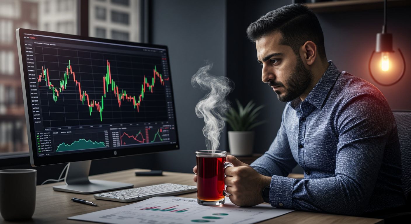A Turkish trader in a modern office intensely studies a candlestick chart on a monitor, with a Doji pattern highlighted, while holding a cup of steaming Turkish tea, surrounded by financial charts and a notebook with sketched trendlines.
