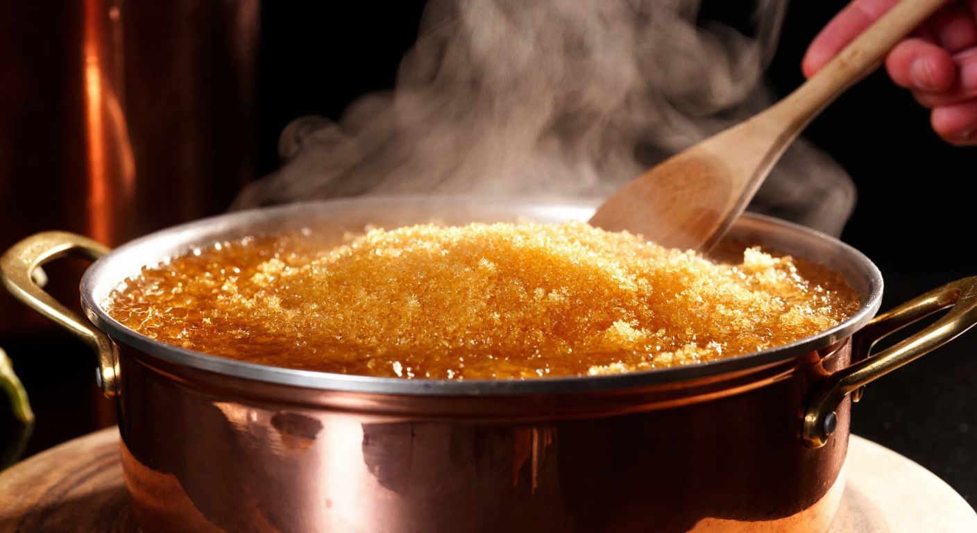 A close-up of golden-brown caramelized sugar bubbling in a copper pot, with steam rising and a wooden spoon stirring slowly, set against a warm kitchen backdrop.