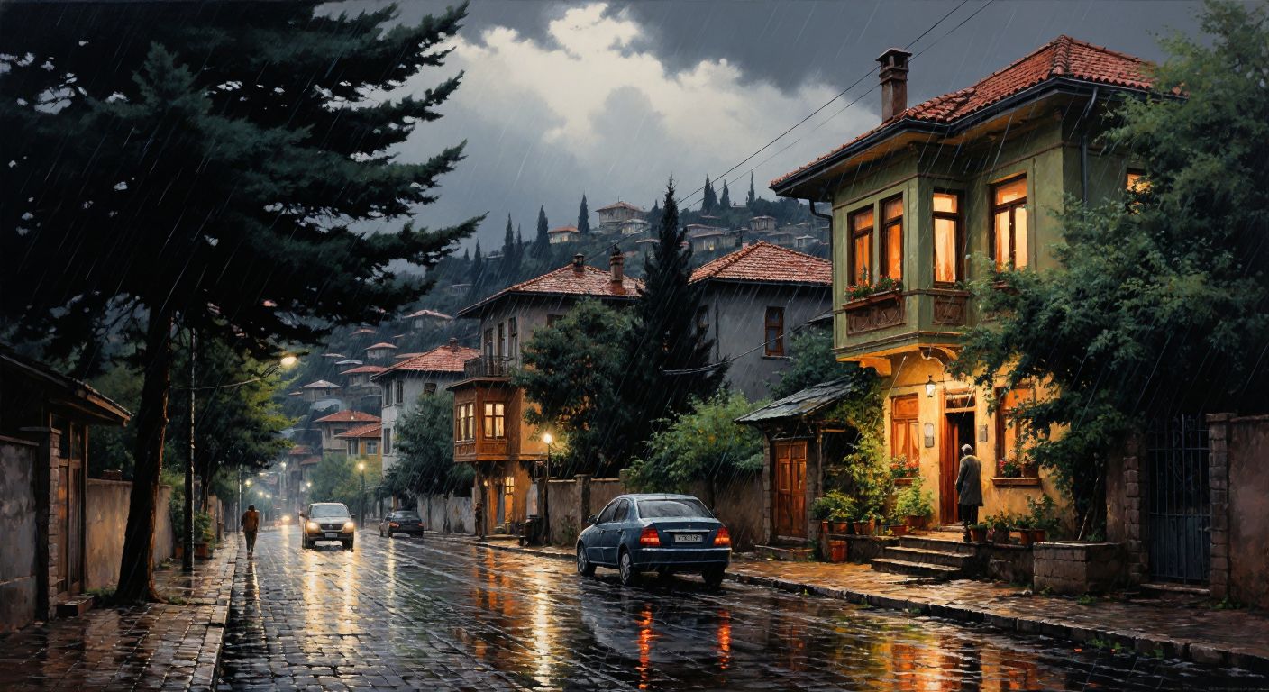 A quiet Turkish neighborhood under a steady rain, with colorful cobblestone streets glistening, people peering out from cozy homes with warm lights, and green pine trees swaying in the wind against a somber gray sky.
