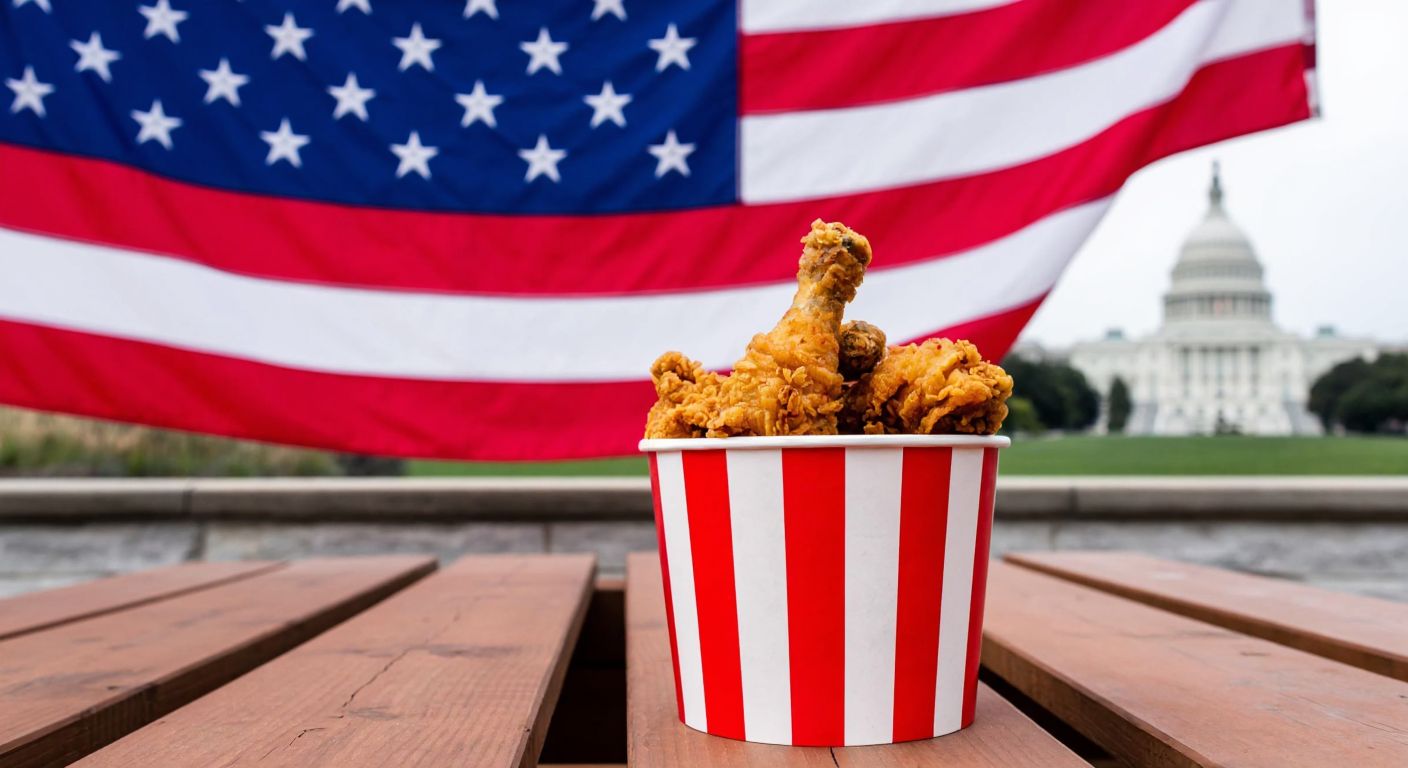 A red-and-white striped bucket of fried chicken sits on a wooden picnic table under a bright American flag, with a distant silhouette of the U.S. Capitol in the background.