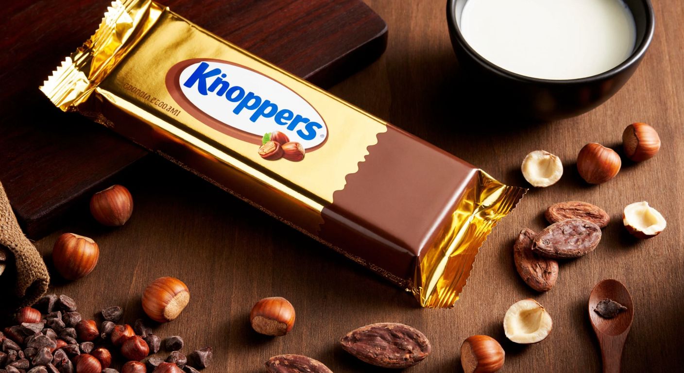 A golden-wrapped Knoppers chocolate bar sits on a wooden table, surrounded by scattered hazelnuts, cocoa beans, and a small bowl of powdered milk, with a warm, inviting glow highlighting its layers of wafer, cream, and chocolate.