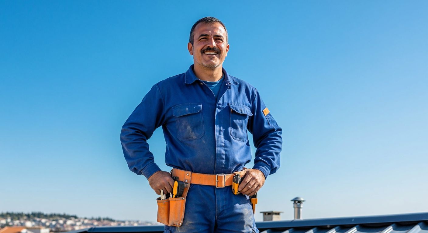 A middle-aged Turkish electrician in a blue work uniform, smiling proudly while holding a tool belt, standing on a rooftop with a clear blue sky behind him, evoking a sense of everyday heroism.