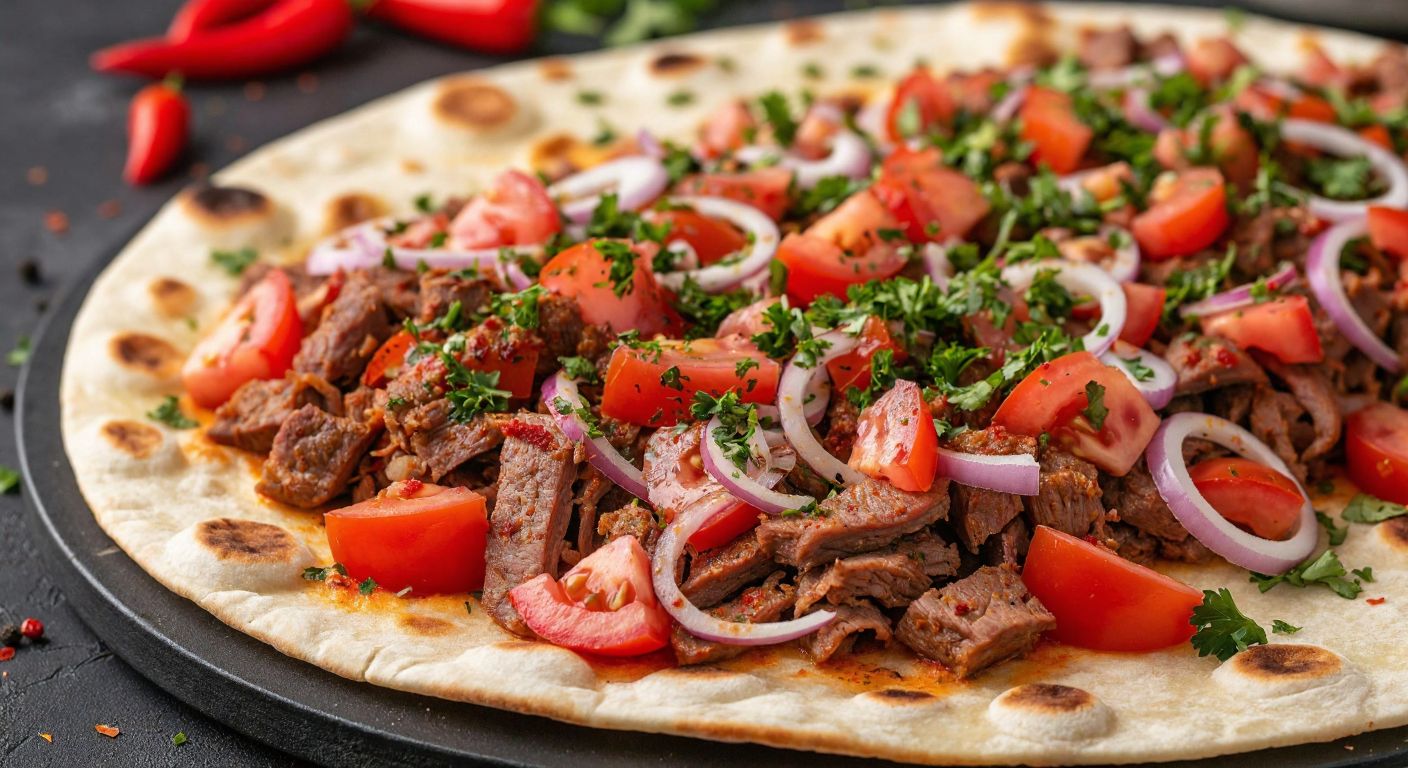 A vibrant, close-up image of a freshly prepared tantuni wrap, with thinly sliced spiced meat, diced tomatoes, onions, and parsley spilling out onto a warm, round flatbread, evoking the rich flavors of Turkish street food.