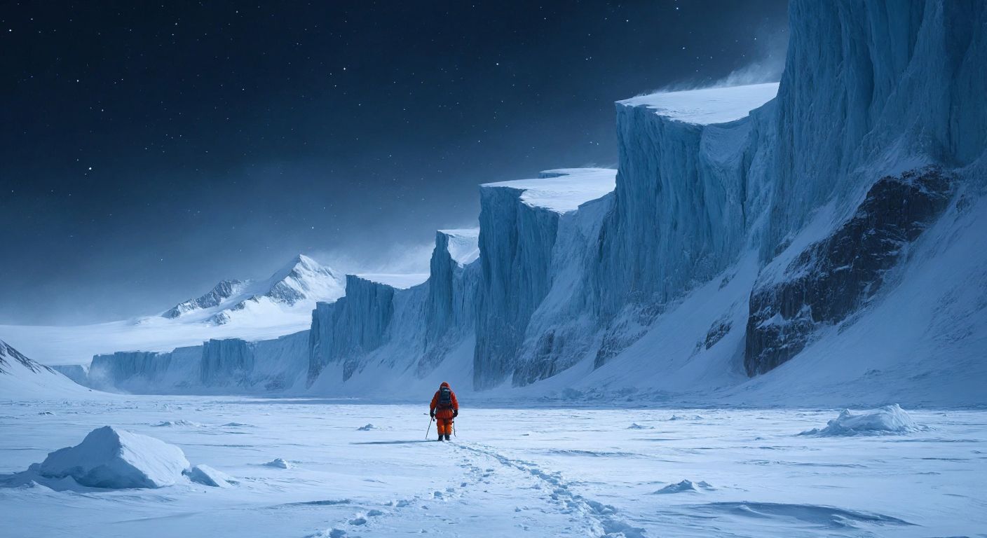A vast, desolate Antarctic landscape with towering ice sheets under a dark, starry sky, where a lone figure bundled in thick winter gear struggles against biting winds, emphasizing isolation and extreme cold.